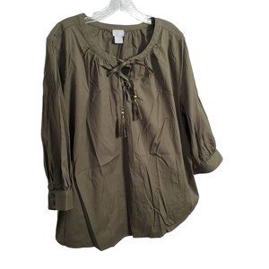 Chico's 3 Sz XL Top Peasant Poplin Lace-Up Tassel 3/4 Sleeve Popover Olive Green